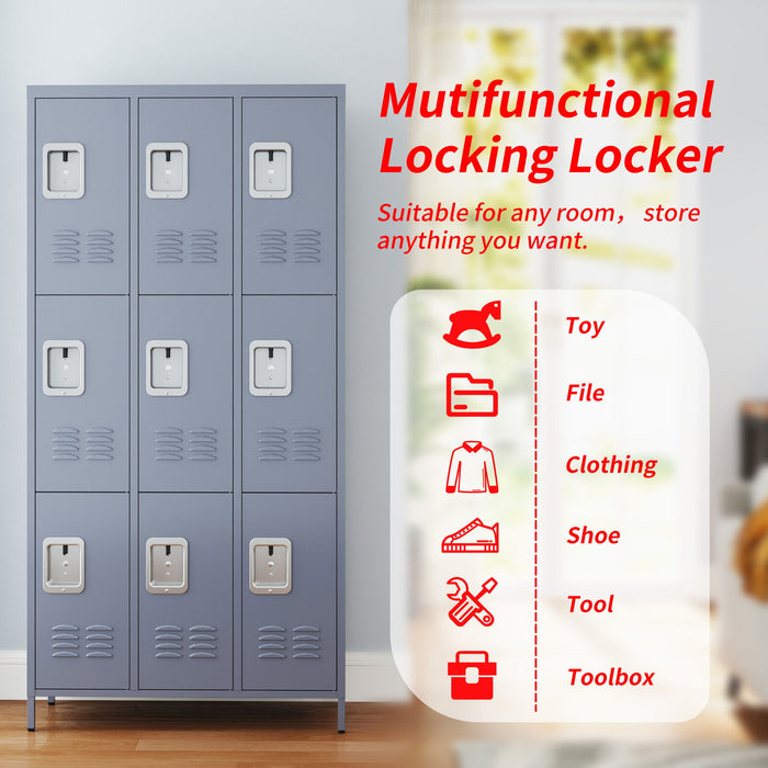 9 Door Lockers With Lock For Storage In Office, School, Gym, And Bedroom - Gray