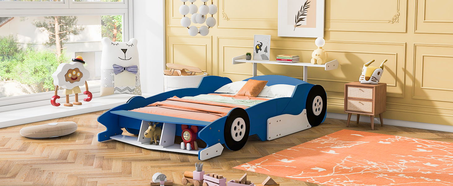 Race Car-Shaped Platform Bed With Wheels