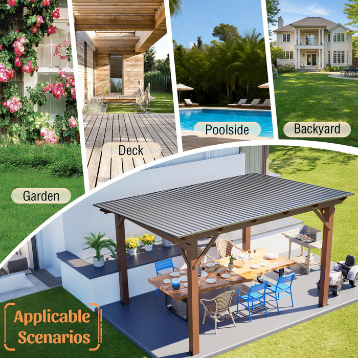 13 X 10 Ft Gazebo With Roof, Spacious Outdoor Patio Shade Structure For Backyard & Garden - Brown