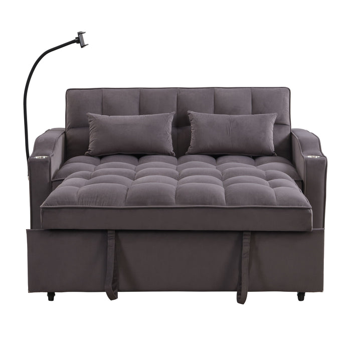 Modern Velvet Loveseat With Pullout Bed, Adjustable Reclining Backrest