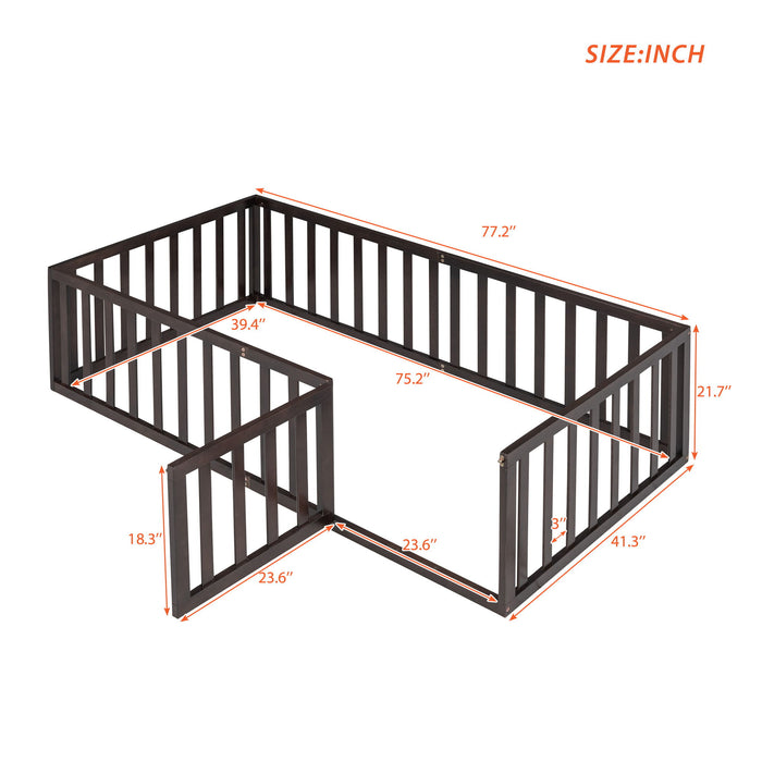 Twin Size Floor Bed Frame With Fence And Door - Walnut