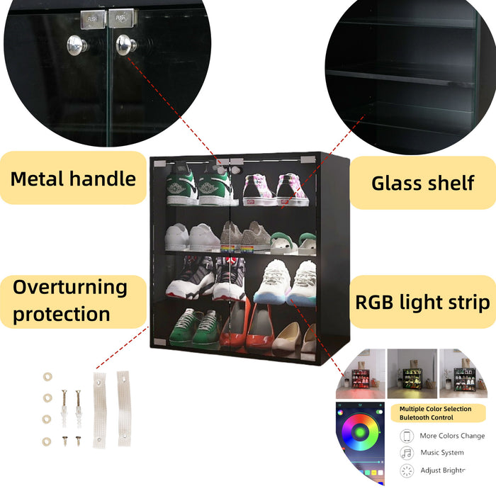 4 Layers Shoe Cabinet With Glass Door And Glass Layer Shoes Display Cabinet With LED Light Bluetooth Control - Black