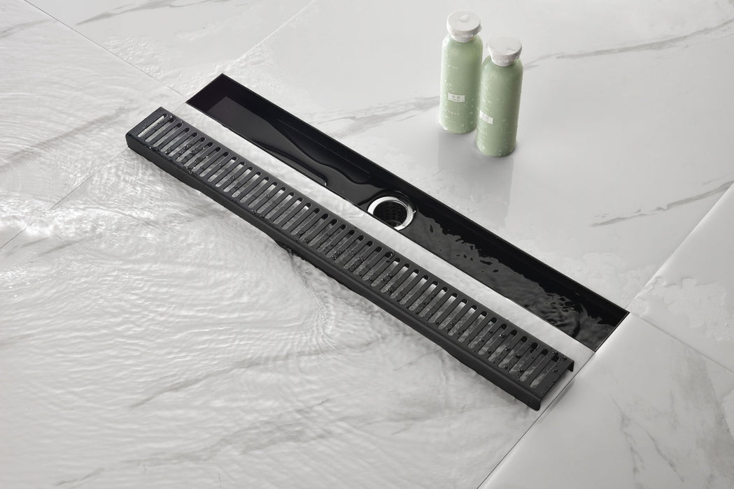 24 Inches Linear Shower Drain With Removable Quadrato Pattern Grate, 304 Stainless Shower Drain With Hair Strainer And Leveling Feet