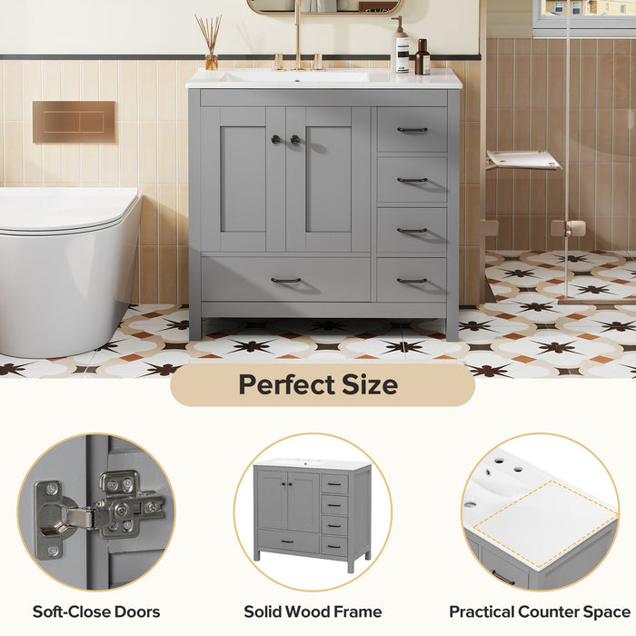 Bathroom Vanity With Ceramic Sink Combo, Abundant Storage Cabinet 2 Soft Close Doors And 5 Drawers