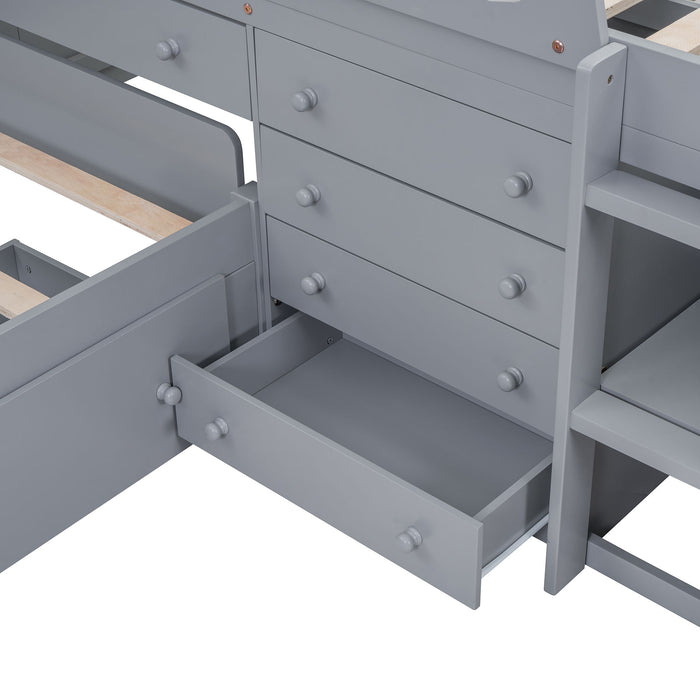 Loft Platform Bed With 7 Drawers And Full Guardrails, Modern L Shaped Space Savin