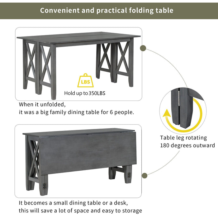 Foldable Dining Set For 6 With 4 Chairs And Bench, Space Saving Design - Gray