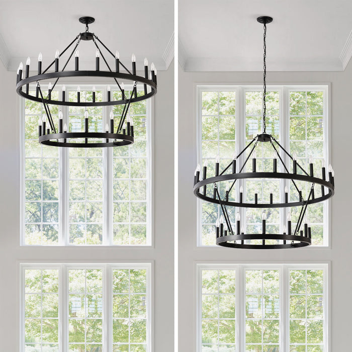 2 Tiers Wagon Wheel Chandelier Wooden Farmhouse 36 Light (24 / 12) Or (12 / 24) Metal Chandeliers 2 Story Light Fixtures Industrial For High Ceiling Living Dining Room Foyer, Adjustable Height - Black