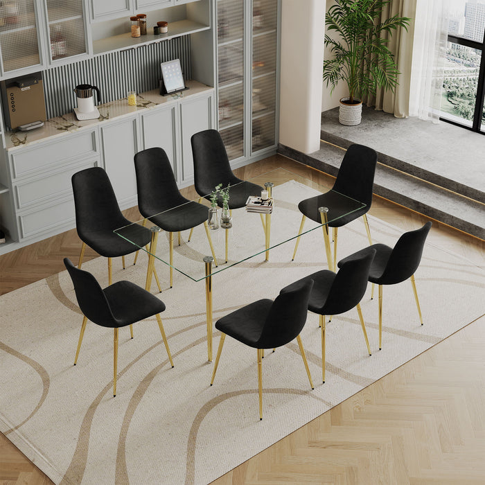 Dining Table (Set of 9) Tempered Glass Top Dining Table With Metal Legs And Eight Dining Chairs - Gold