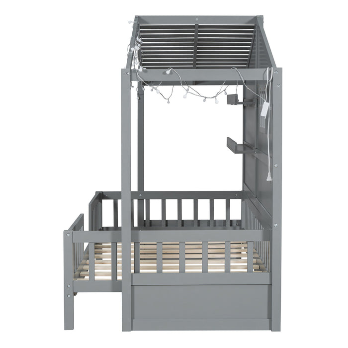 House Bed With Shelves, Window And Sparkling Light Strip On The Roof