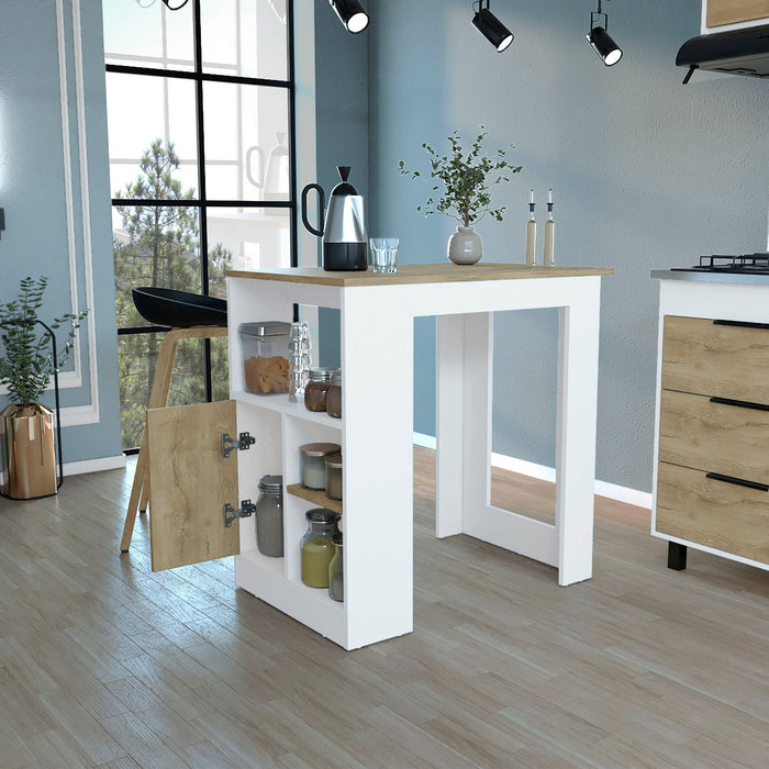 Kitchen Island Three Open Side Storage Shelves And One Push-To-Open Cabinet - White / Macadamia