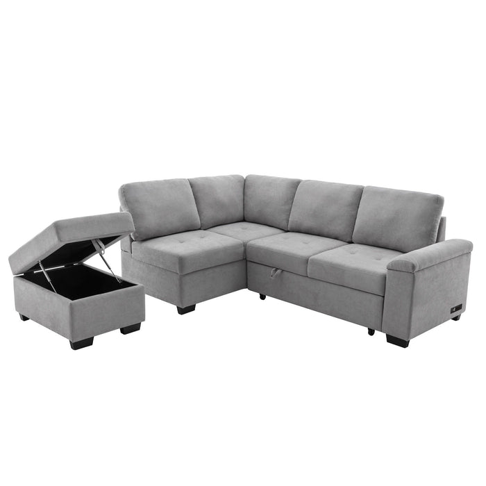 Sleeper Sectional Sofa, L-Shape Corner Couch Sofa-Bed With Storage Ottoman & Hidden Arm Storage & Usb Charge For Living Room Apartment, Gray