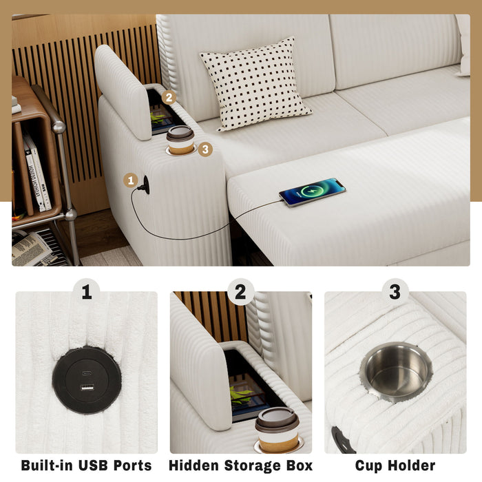 Pull-Out L-Shaped Sectional Sofa With Movable Ottoman And Stool, Large Storage Space, A Cup Holder, And 2 USB Ports For Living Room