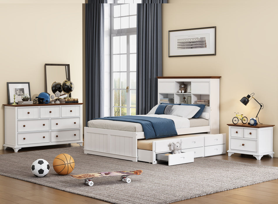 3 Pieces Wooden Captain Bedroom Set Full Bed With Trundle, Nightstand And Dresser - White / Walnut