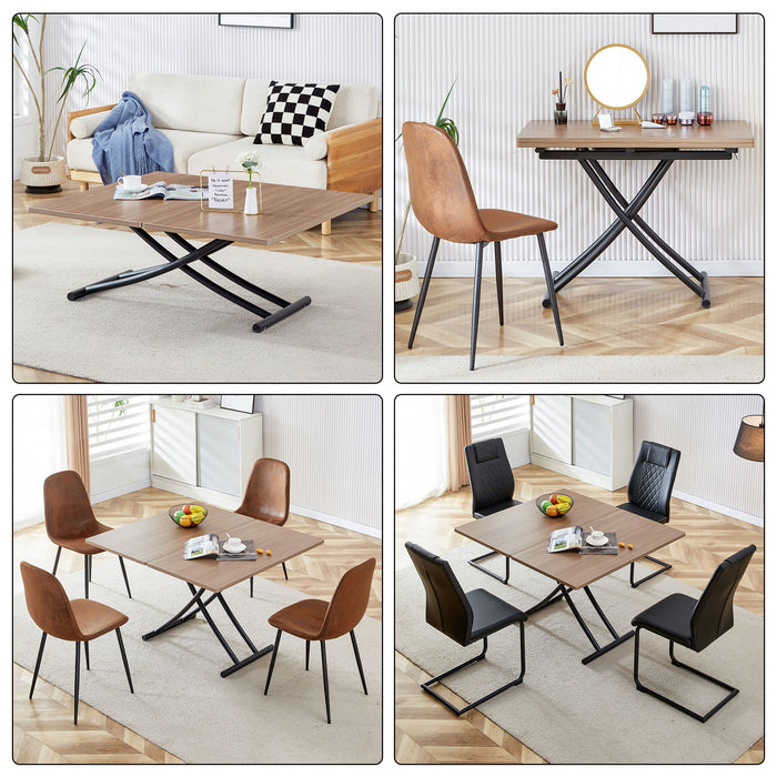 A Modern And Minimalist Multifunctional Lifting Table With A Thickness Of 0.8 Inches. Wooden Grain Cra Feet Sticker Tabletop And Black Metal Table Legs. 4 Black Faux Leather Upholstered Dining Chairs