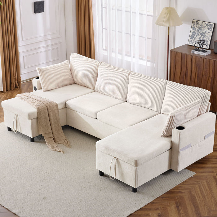 Sectional Sofa Bed With Pull Out Sleeper, USB Ports, Cup Holders