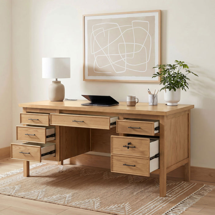 Vermes 66-inch 7-drawer Computer Desk with Power Outlet Light Ash