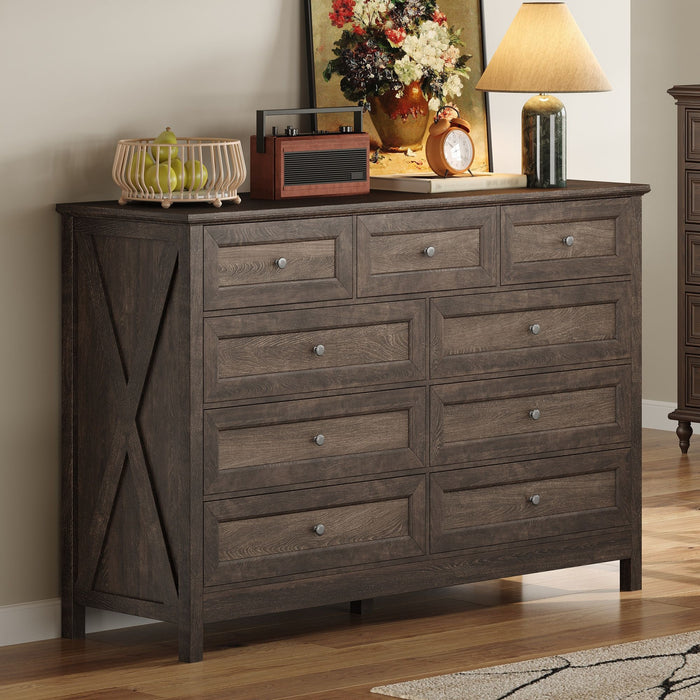 Rustic Storage Dresser With 9 Drawers And Silver Handle