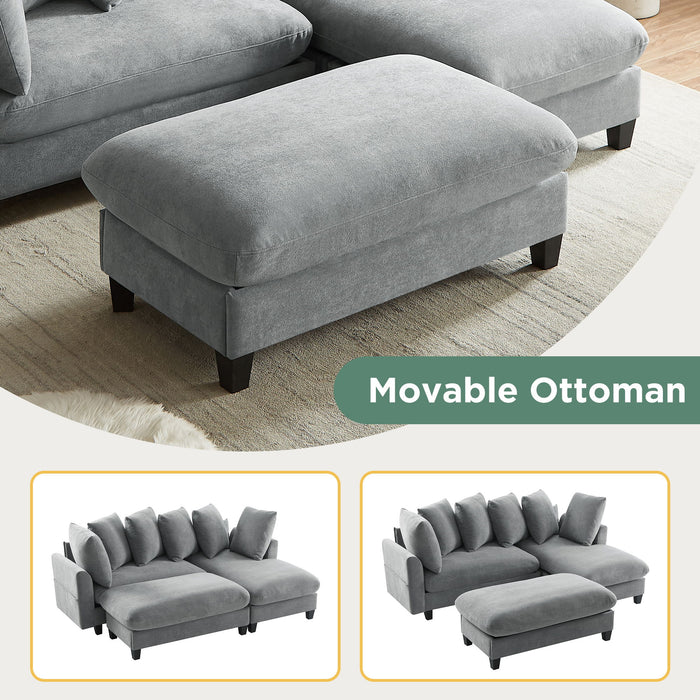 Upholstered L Shaped Sectional Sofa With Storage, Movable Ottoman, And 6 Throw Pillows