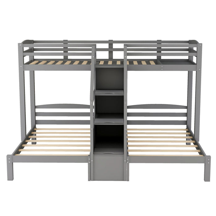 Twin Over Twin & Twin Bunk Bed With Built In Staircase And Storage Drawer - Gray