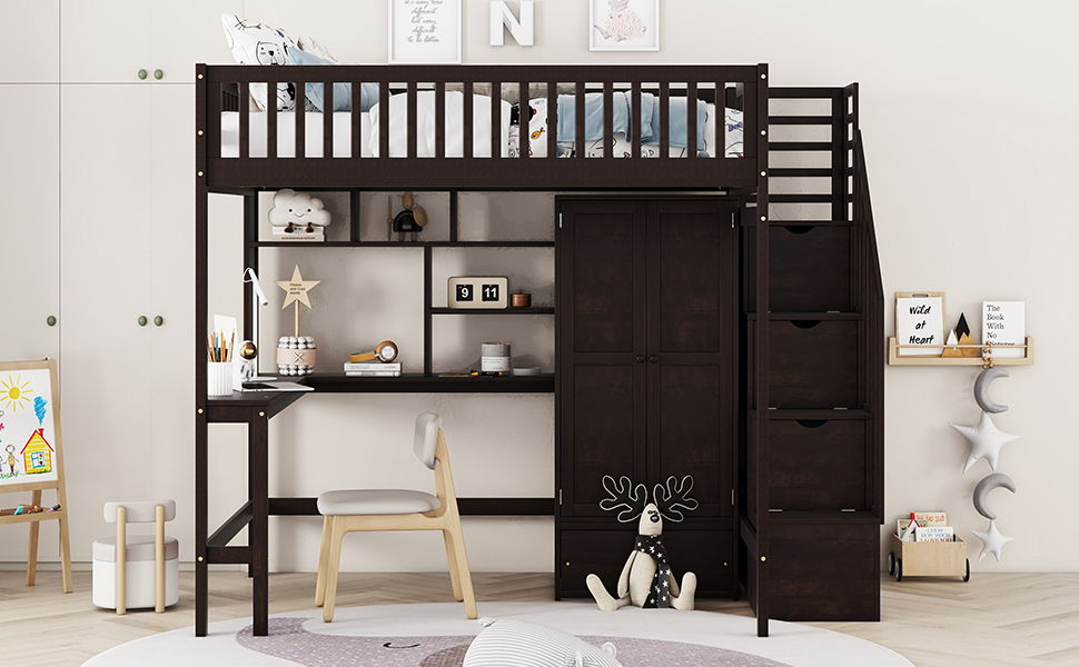 Loft Bed With Bookshelf, Drawers, Desk, And Wardrobe