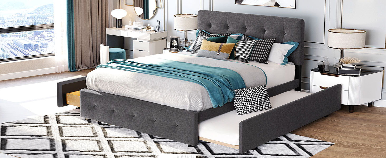 Upholstered Platform Bed With Classic Headboard And Drawers, No Box Spring Needed