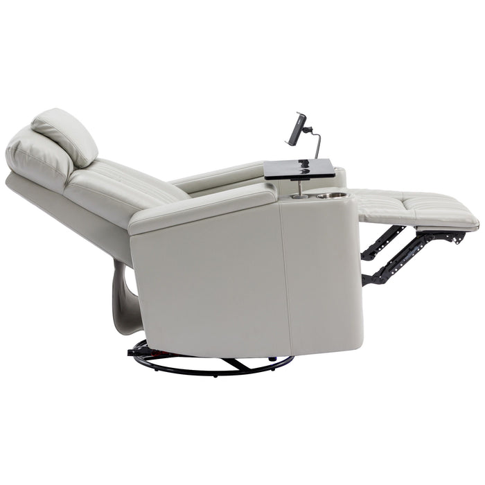 270° Power Swivel Recliner Home Theater Chair With Hidden Arm Storage, LED Light, Cup Holder, And Tray Table