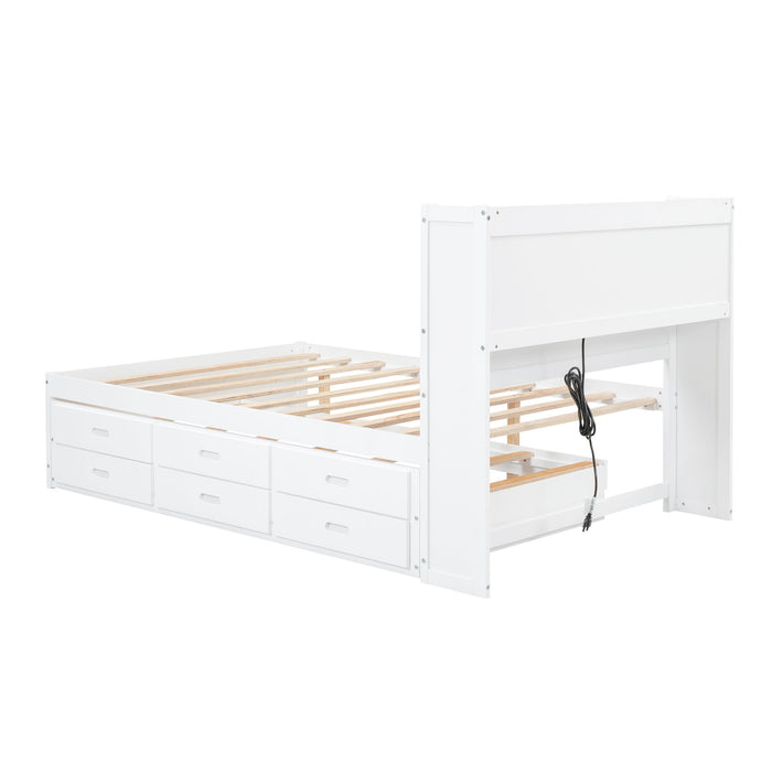 Full Size Platform Bed With Trundle, Drawers, USB Ports And Built In Shelves - White