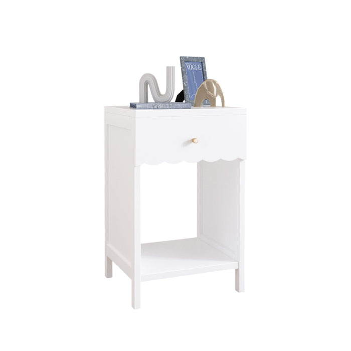 Nightstand With Drawer And Open Shelf, Scalloped Edge Bedside Table For Bedroom - White