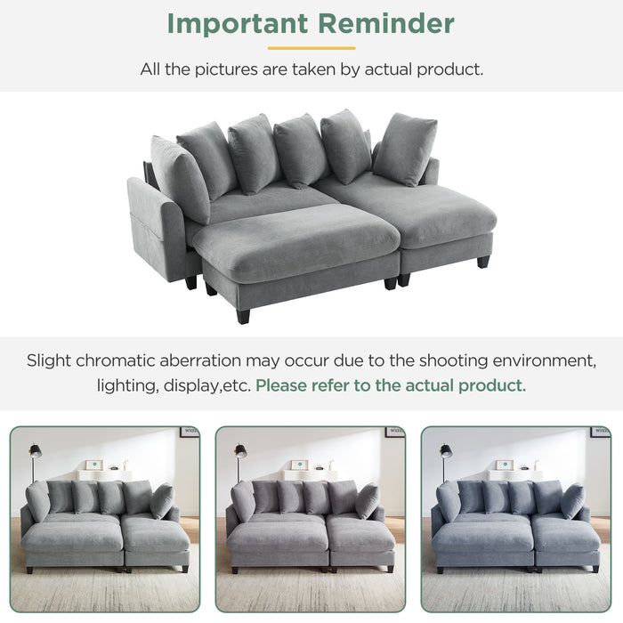 Upholstered L Shaped Sectional Sofa With Storage, Movable Ottoman, And 6 Throw Pillows
