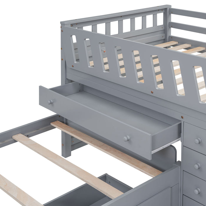 Loft Platform Bed With 7 Drawers And Full Guardrails, Modern L Shaped Space Savin