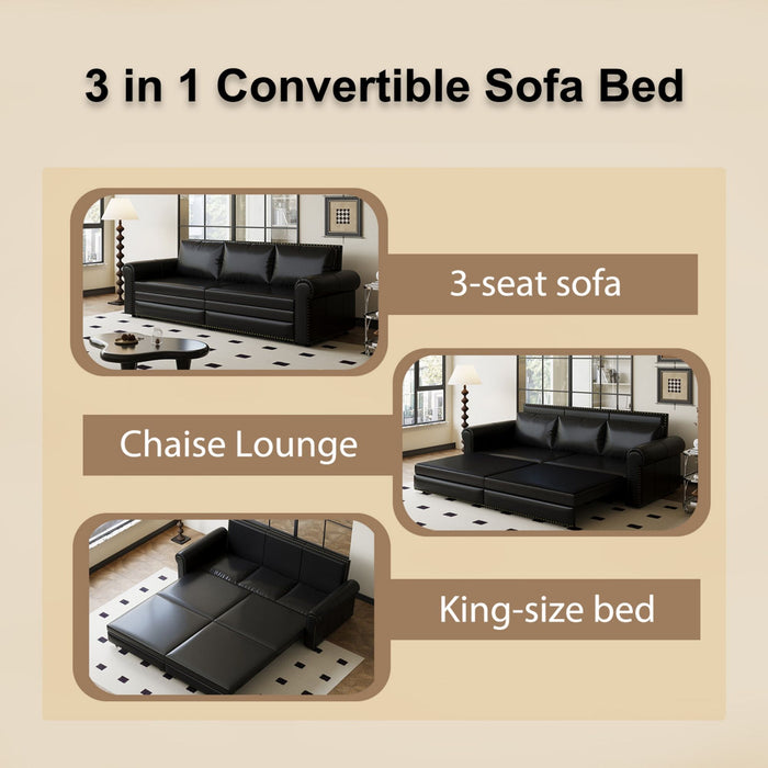 3 In 1 Convertible Sleeper Sofa With Nailhead Trim & Rolled Arm