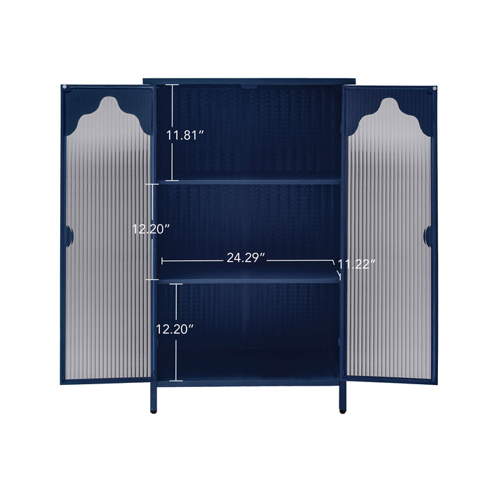 2 Doors Metal Storage Cabinet Display Cabinet With Glass Doors Metal Kitchen Sideboard Buffet Cabinet Glass Storage Cabinet For Dining Room Living Room Bedroom - Dark Blue