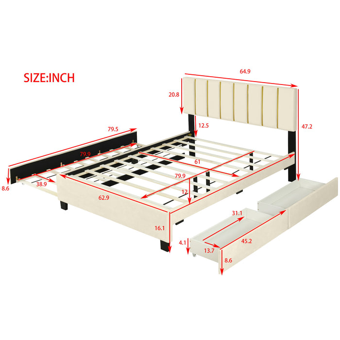 Upholstered Platform Bed With 2 Drawers And 1 Trundle, Classic Strip Headboard Design