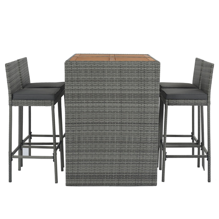5 Pieces Outdoor Patio Wicker Bar Set, Bar Height Chairs With Non-Slip Feet And Fixed Rope, Removable Cushion, Acacia Wood Table Top - Brown / Gray