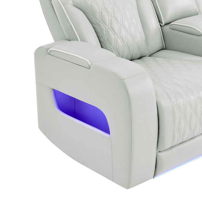 Julian - Power Console Reclining Loveseat, LED & Speaker - Silver