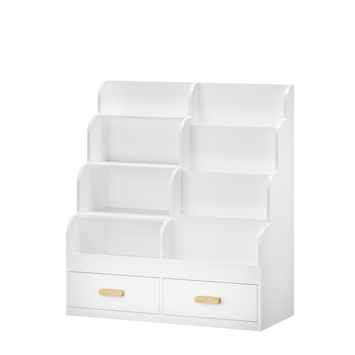 Bookshelf With 2 Storage Drawers, Front Facing Bookcase And Toy Organizer, Multi Tier Reading Shelf - White