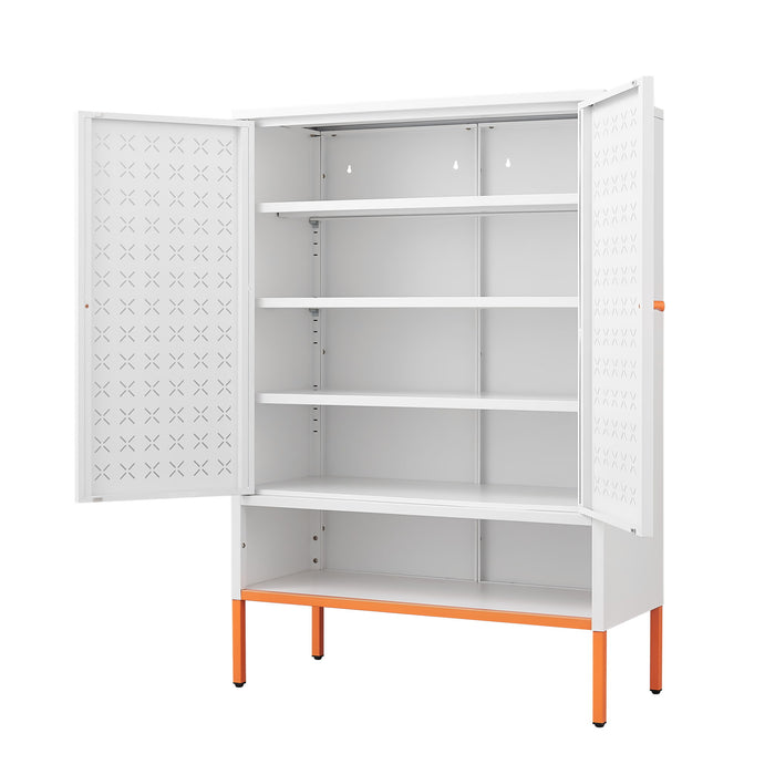 Grid Double Door Shoe Cabinet With Adjustable Compartments And Moisture-Proof Design In White Metal