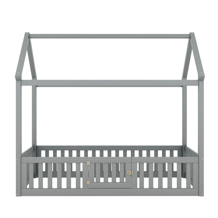 Wood House Bed With Fence And Door
