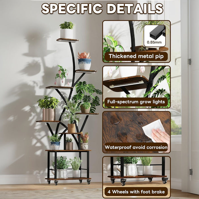 Plant Stand Indoor With Grow Light, 8 Tiered Tall Indoor Plant Shelves For Multiple Plants - Walnut / Black