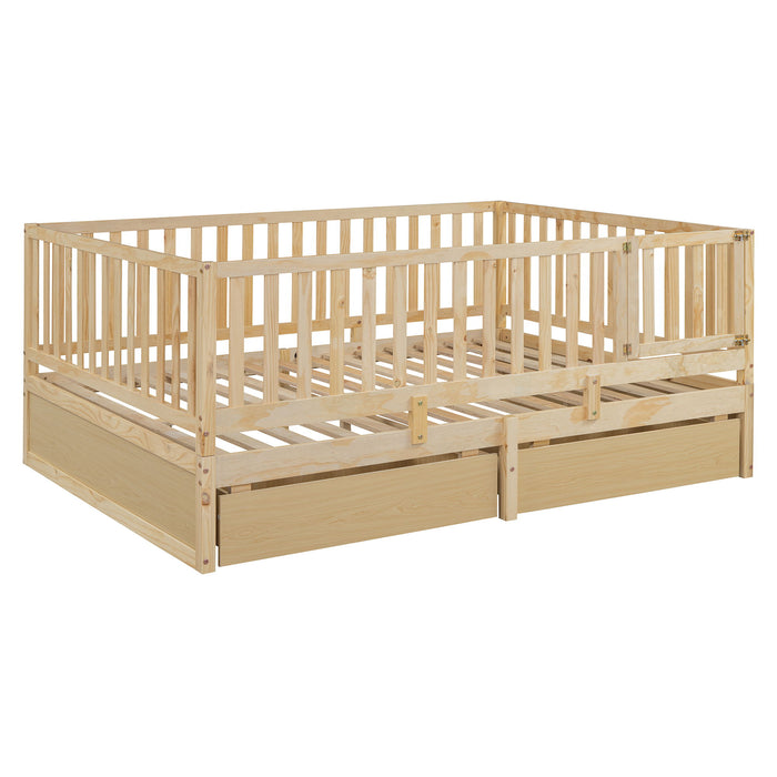 Daybed With Fence Guardrails And 2 Drawers, Split Into Independent Floor Bed & Daybed