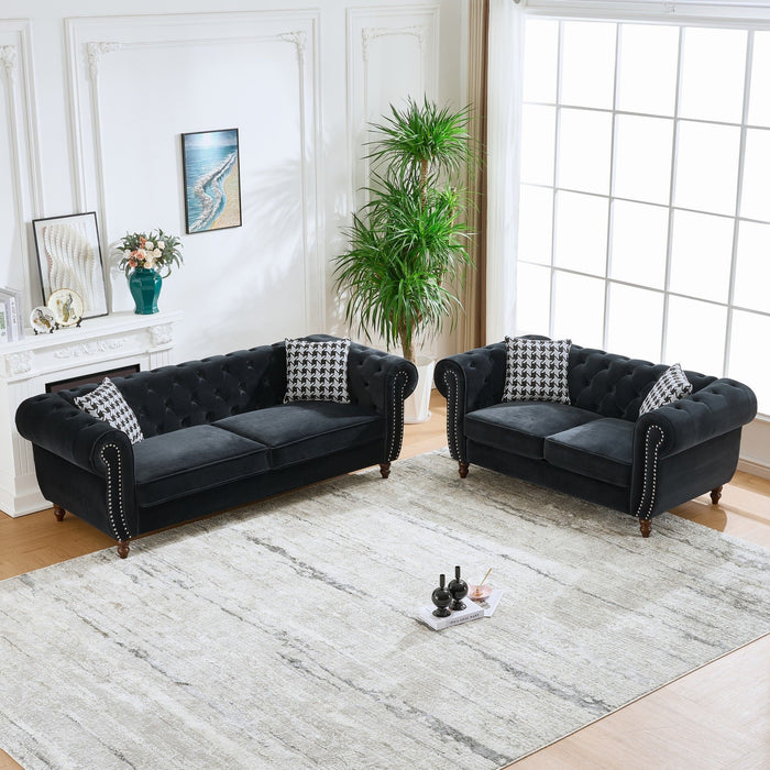 Chesterfield 3 And 2 Seater Velvet Upholstery Sofa With Roll Armrest & Nailhead Fabric Couch