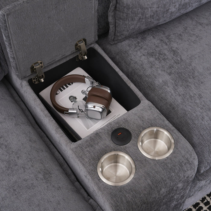 U Shaped Sofa With Console, Cupholders, USB Ports, 6 Seat, Bronzing Suede & Chenille