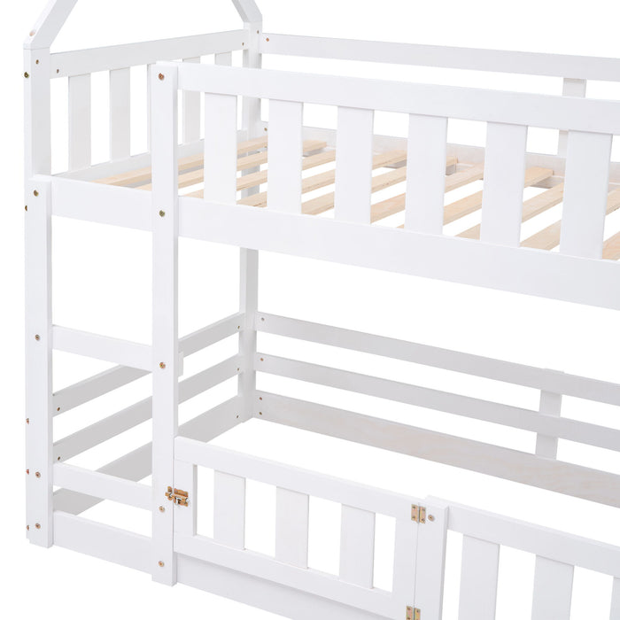 Twin Over Twin House Bunk Bed With Fence And Door