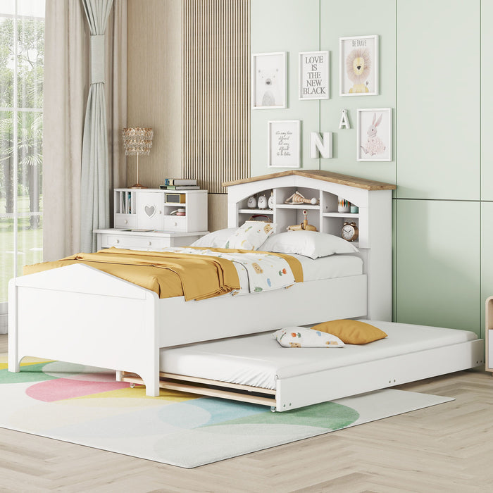 Twin Size Wood Platform Bed With House Shaped Storage Headboard And Trundle, White