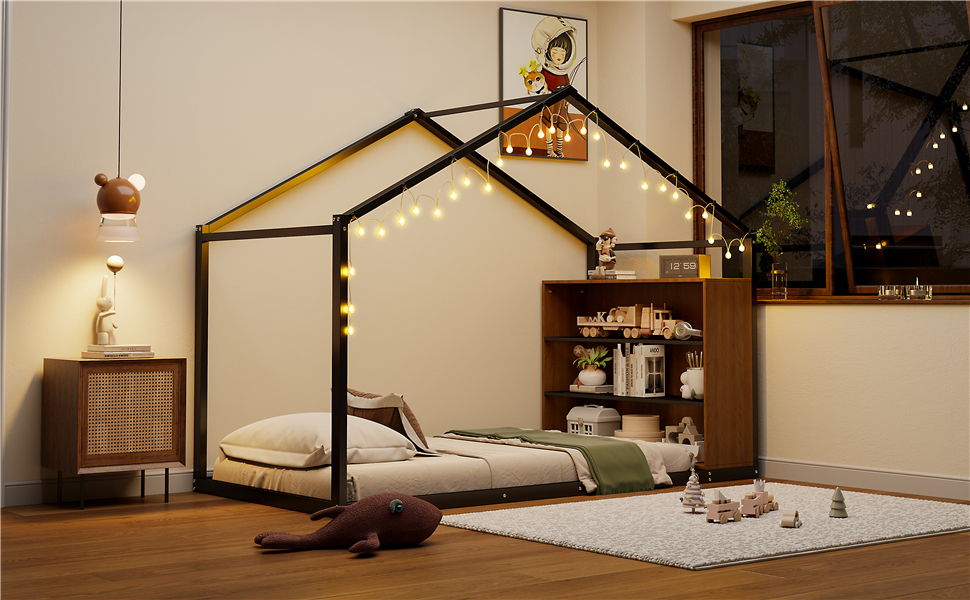 Bed House Frame With Shelves And Lights