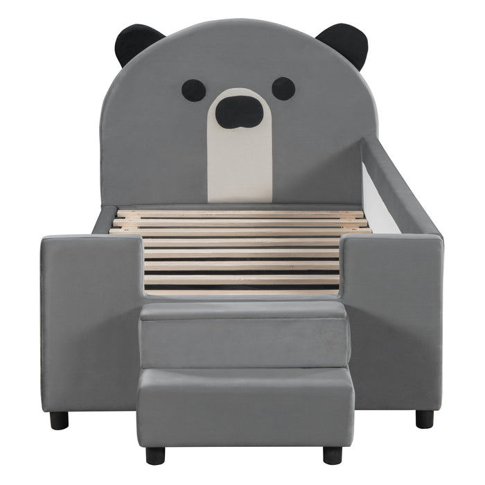 Upholstered Daybed With Bear Shaped Headboard, Hydraulic System And Breathable Mesh Fence