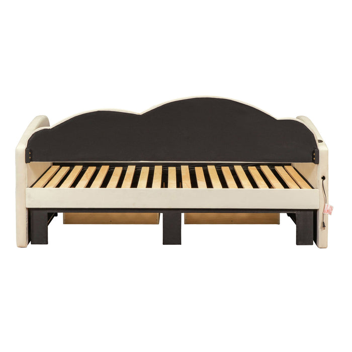 Upholstered Daybed With Cloud-Shaped Backrest, Trundle & 2 Drawers And USB Ports