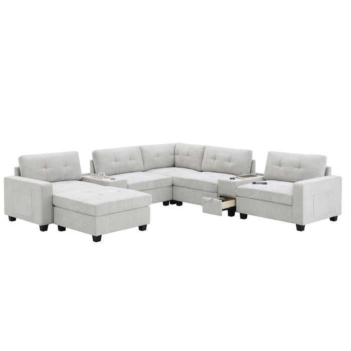 Sectional With Acrylic Table Top U Shaped Couch Set With 2 Consoles USB Charger, Storage Drawers And Pockets Movable Ottoman Tufted Sofa