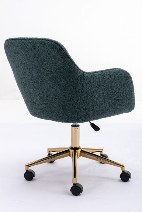 Modern Teddy Fabric Material Adjustable Height 360 Revolving Home Office Chair With Gold Metal Legs And Universal Wheel For Indoor, Green