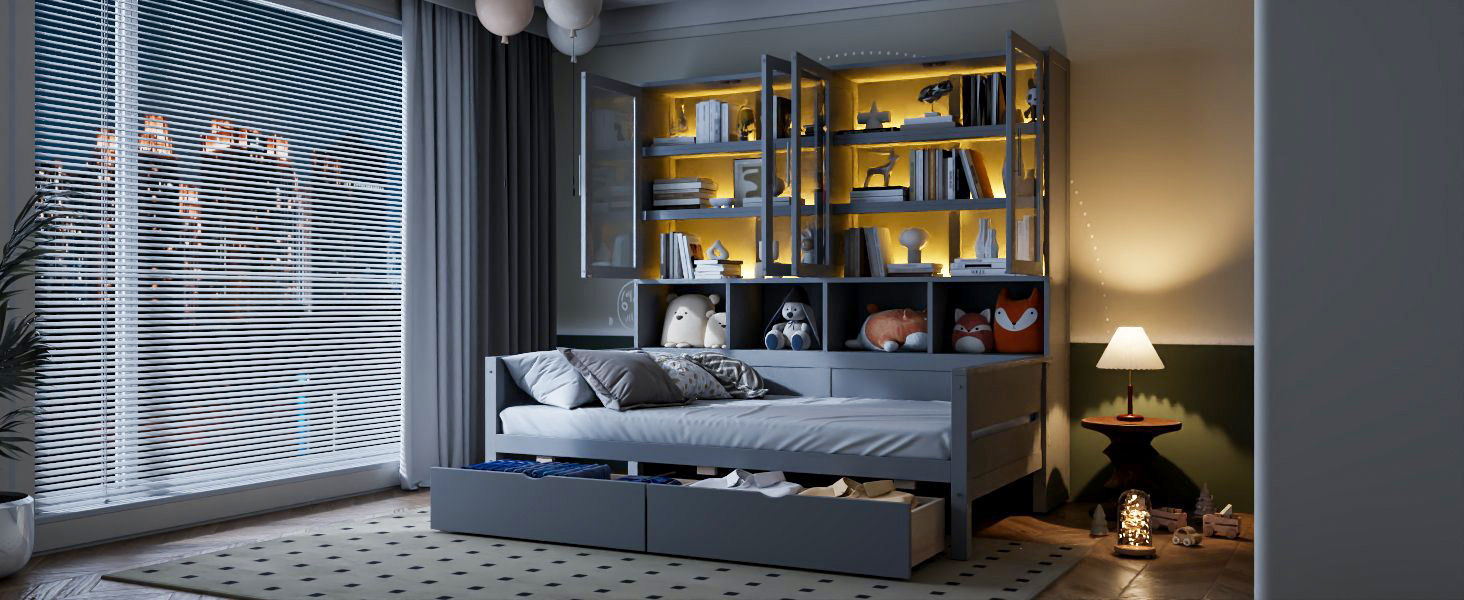 Daybed With Glass Door Storage Cabinets, Built In LED Lighting And Shelves
